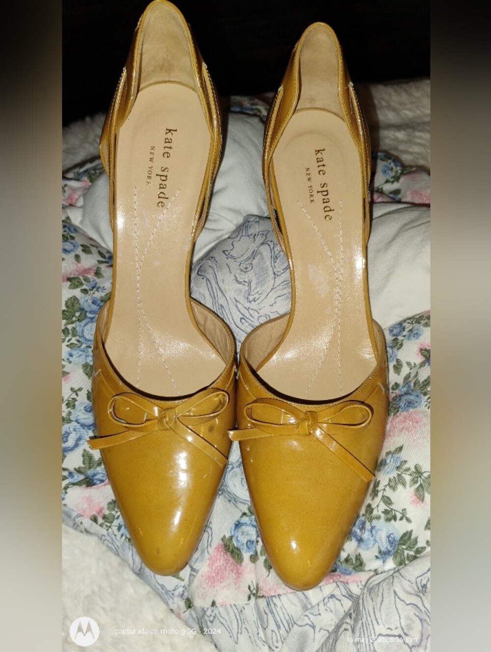 kate spade New York mustard yellow patent pointed-toe heels with bow